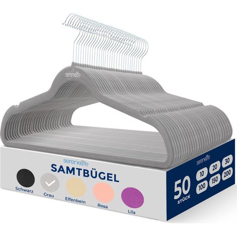 SereneLife Samt-Kleiderbügel 50er Set, rutschfest, Grau (1/5)