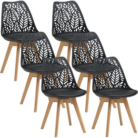 Wokaka - Set di 4 sedie da pranzo design scandinavo - Schienale traforato a fogliame nero - Gambe in legno di faggio