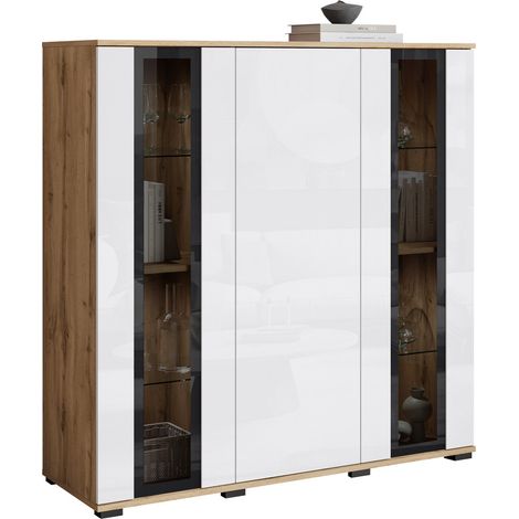 Aparador Torcame 100, Roble wotan + Blanco brillante, 122x120cm, Número de puertas: 040cm, Aglomerado laminado, Vidrio templado (1/5)