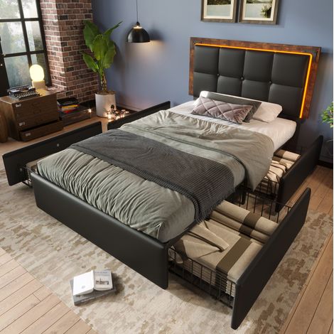 Letto imbottito singolo 90x200 cm con LED, 4 cassetti e testiera regolabile in altezza, ecopelle nera, senza materasso (1/5)