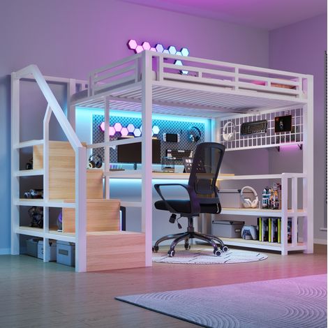 Cama alta 140x200 cm blanca de metal y MDF con escritorio, LED, almacenaje y puertos USB (1/5)