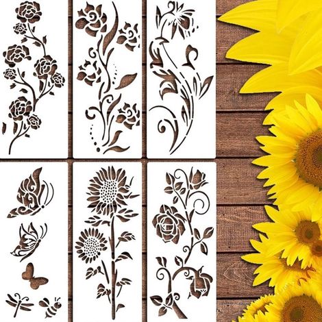 Pochoir Fleurs - Pochoir Peinture Grand Format pour Clôture Bois Mur Sol Mobilier - 6 Pièces (1/5)