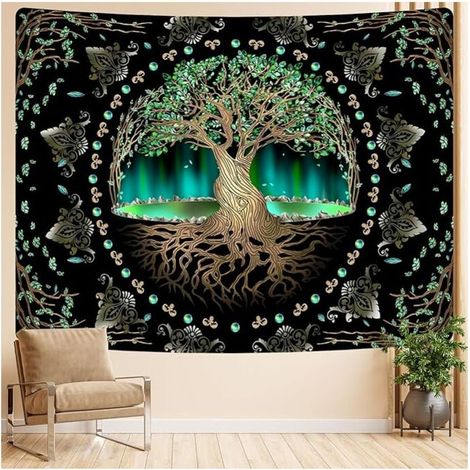 Wandteppich „Natural Aurora Tree of Life“, Meditations-Wandteppich mit grünen Blättern, ideal für die Dekoration von Wohnräumen, Schlafzimmern, Wohnzimmern und Studentenwohnheimen. (1/4)