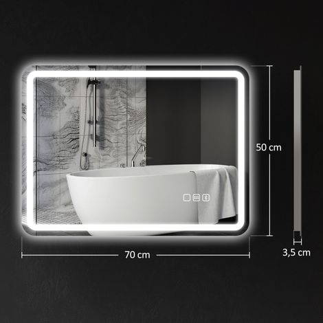 Miroir mural LED salle de bain 50x70 cm, avec Bluetooth musique, gradation 3 teintes, interrupteur tactile, mémoire, anti-buée, finition argent (1/5)