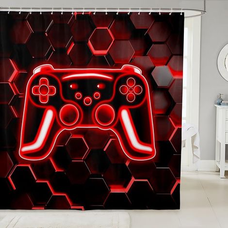 Rideau Douche 180x200cm Jeux, Rideaux de Douche Néon Honeycomb Gamer, Rideau de Baignoire Consoles de Jeux Vidéo, Rideaux Salle de Bain Lumières Hexagonales Rouges - 180L X 200H cm (1 Panneaux) (1/5)