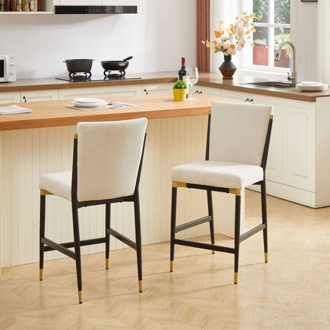 Lot de 2 tabourets hauteur comptoir en tissu beige, structure métal noir et doré, repose-pieds rectangulaire, style scandinave (1/5)