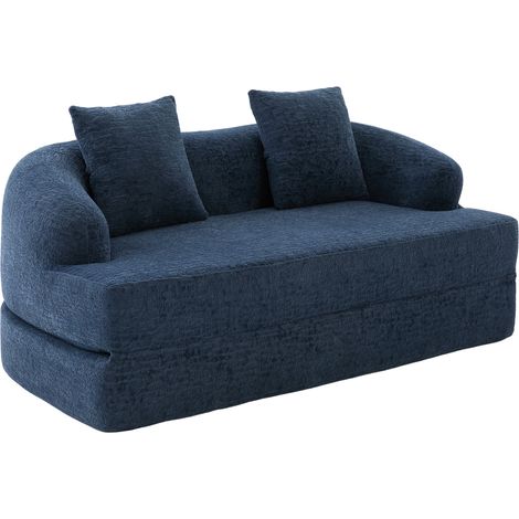 Diván cama plegable de 2 plazas en chenilla azul marino con 2 cojines (1/5)