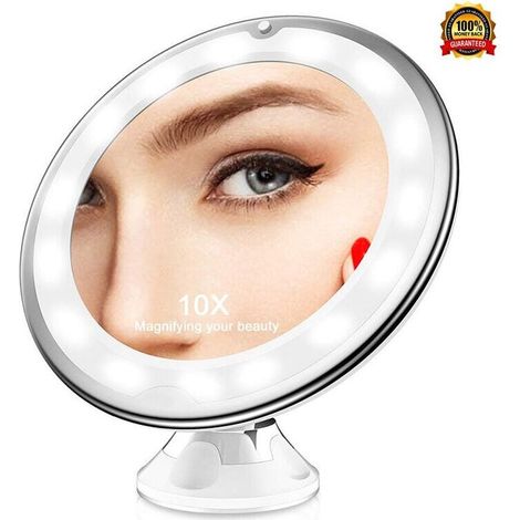 Promotion, 10x Magnifying Mirror, LED Lighted Travel Magnifying Mirror with Suction Cup, Portable Wall-Mounted Magnifying Mirror, 360° Rotation, Tabletop Mirror Ideal for Shaving and Makeup (1/5)