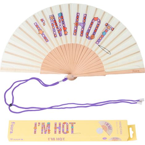 Fisura – Ventaglio in legno originale con messaggio “I’m hot”. Accessorio moderno e colorato, ventaglio portatile beige con gancio incluso. Dimensioni: 42,5 x 23 cm (1/5)