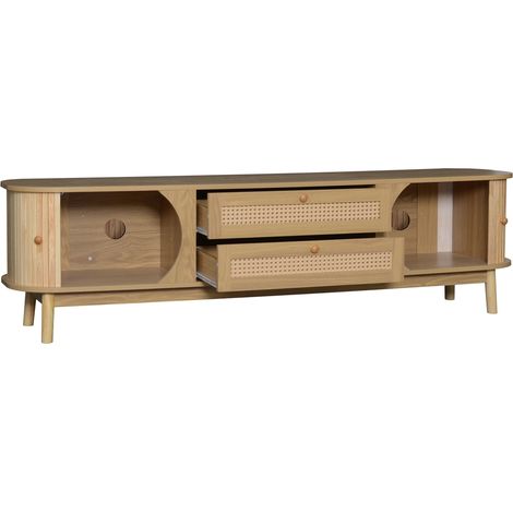 Meuble TV en bois massif avec portes et tiroirs en rotin naturel 170x46x39,5 cm style campagne (1/5)