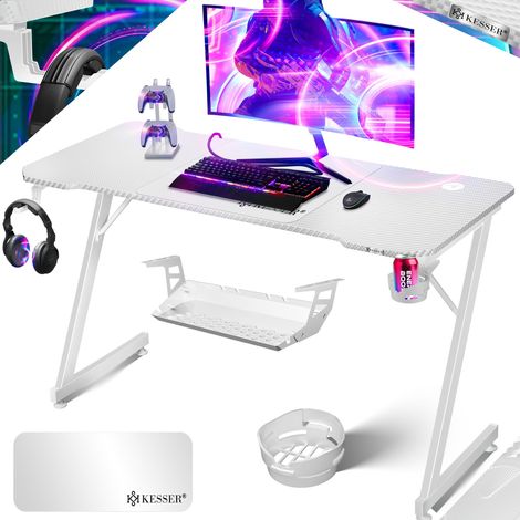 KESSER® Table de jeu ultime  Z-Frame Bureau de jeu avec porte-boisson  Crochet pour écouteurs  Table d'ordinateur PC Table ergonomique pour gamer  140 x 60 cm  Blanc carbone
