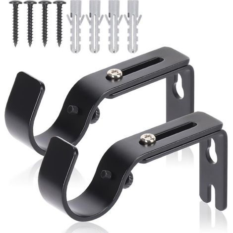 Hochwertige, wandmontierte Gardinenstangenhalterungen – Verstellbare Haken, Eisenhalterungen für Stangen mit 2,5 cm Durchmesser – Schwarz (2 Stück) (1/5)
