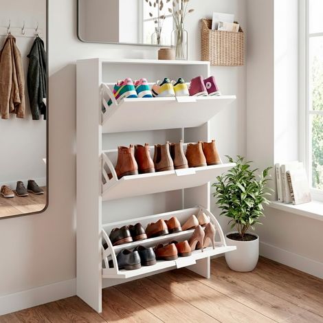 Scarpiera A Ribalta Salvaspazio 3 Ante E 6 Ripiani Mobile Portascarpe Antigraffio Fino A 20 Paia Di Scarpe Design Moderno Minimal Ingresso Corridoio Retro Porta 113 x 60 x 22 Cm Bianco - Colore: Bianc (1/5)