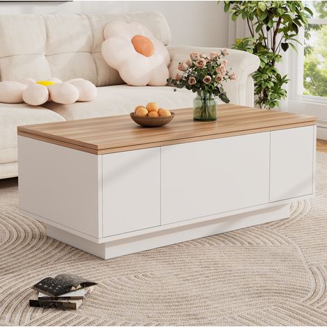 Table basse en panneaux de particules 100 x 50 x 55,5 cm blanc et bois, double plateau relevable avec rangement (1/5)