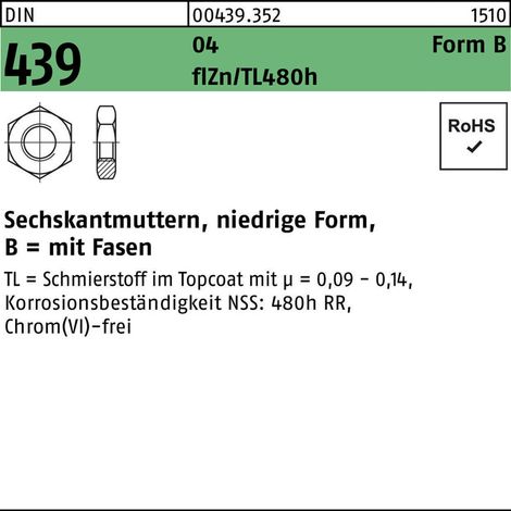 DIN 439-B/ISO 4035 Sechskantmutter M 6 x 1 Stahl zinklamellenbeschichtet 1000 Stk