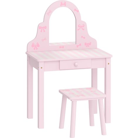Set de table de maquillage pour enfants 2 en 1, bureau-coiffeuse avec tabouret, miroir amovible, tiroir pour filles de 3 à 6 ans, rose (1/5)