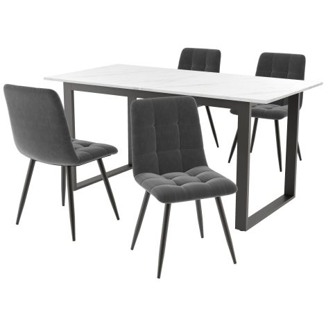 Table extensible blanche + 4 chaises velours gris, pieds noirs (1/5)