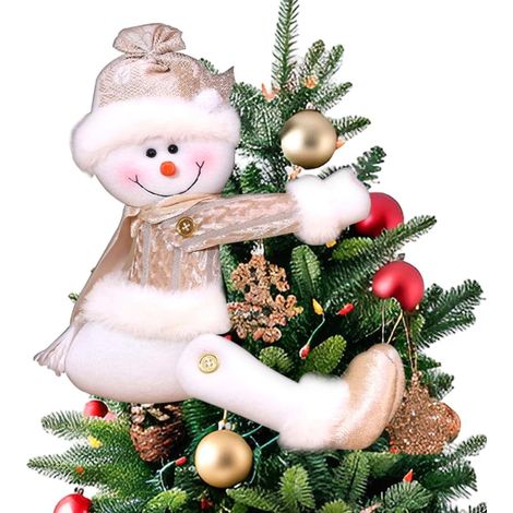 Décoration de sommet de sapin de Noël : décor en peluche de bonhomme de neige rose qui serre le sapin, gnome en peluche pour sommet de sapin de Noël, également décoration pour bouteille de vin (1/4)
