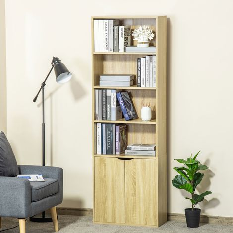 Bücherregal mit 4 offenen Fächern und 2 Türen für Wohnzimmer und Büro, 59 x 29 x 180 cm, Naturholz