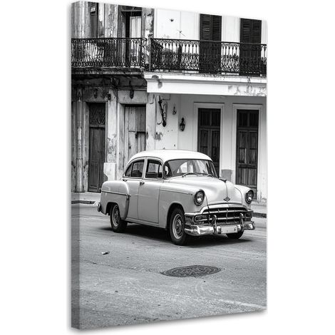 Tableau Moderne, Voiture rétro blanche garée dans une rue de La Havane Cuba,20x30 (1/4)