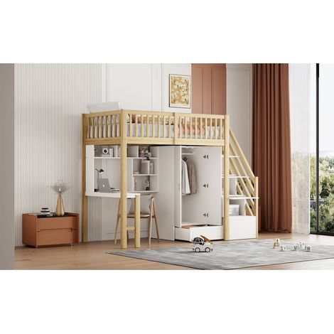 : lit superposé bois 90 x 200 avec armoire penderie, bureau, étagère, tiroirs et escalier de rangement (1/5)