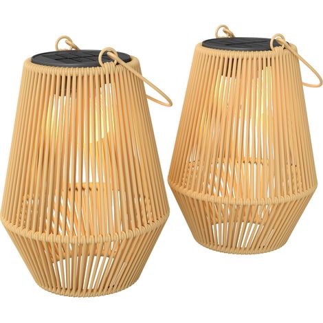 Outsunny set de 2 farolas solares exterior, linternas de jardín de ratán colgantes, encendido y apagado automático, IP44, asa, 16x16x21 cm, marrón