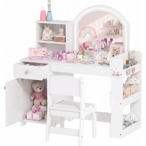 AIYAPLAY tocador de maquillaje niña, tocador infantil con taburete y espejo con luces led, 1 cajón, armario, 5 estantes, para niños 3 a 8 años, blanco (1/5)