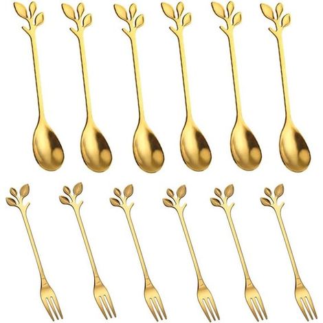 Lot de 12 cuillères à thé miniatures en acier inoxydable, poignées dorées, résistantes au lave-vaisselle, pour café, dessert, fruits, fêtes et restaurants (1/5)