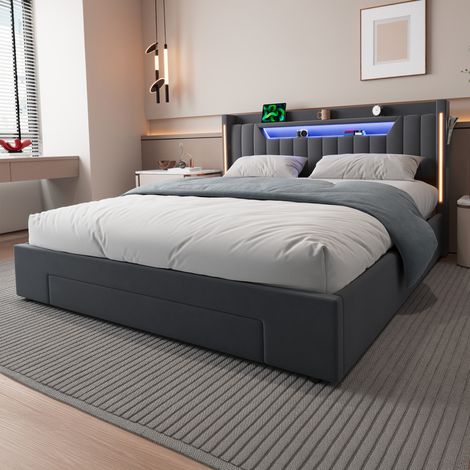 Cama con canapé 160 x 200 cm,Cama para adultos con iluminación LED y estación de carga,1 cajón,Somier de láminas incluido - Gris (1/5)