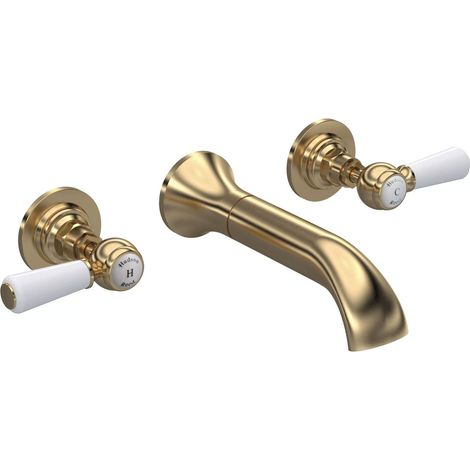 Hudson Reed White Topaz Lever 3-Hole Basin Mixer Tap Wall Mounted - Brushed Brass