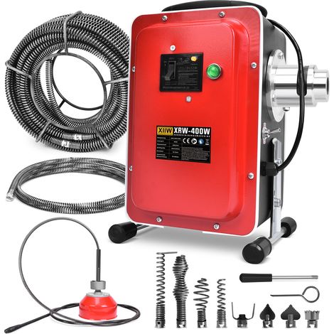230-240V Profi Rohrreinigungsmaschine mit FI-Schalter, 400W/450 U/min, 30mm bis 100mm, 18.5m Federspule Rohrreiniger Abflussreinige Rohrreinigungsgerät für Spülen, Duschen, Bodenabläufe, mit 8 Köpfe (1/5)