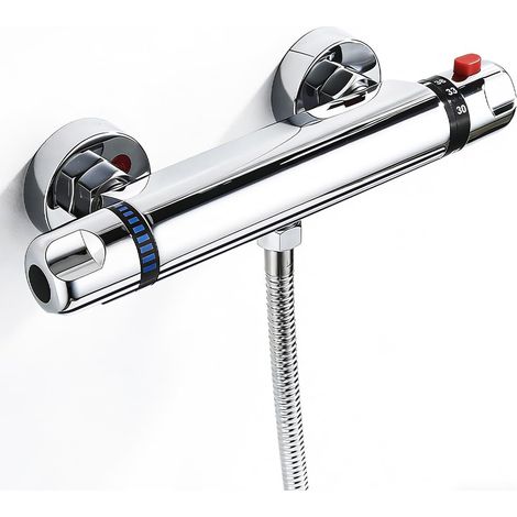 Robinet de douche complet avec thermostat – Installation facile, bouton de sécurité 38 °C et surface chromée – Robinet de douche thermostatique en laiton pour salle de bain, toilettes d'invités (1/5)