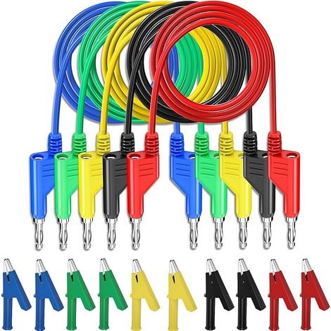 5Pcs 4mm Câbles Test Multimètre Numérique avec 10 Pinces Crocodiles, 1m 5 Couleur Fil Souple Fiche Banane, Jeu Fils Testeur Enfichable d'Une,Cordon Banane Double Bout pour Voiture/Industriel 1000V/15A
