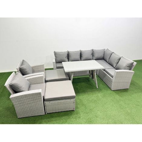 Fimous 10 Seater Garden Outdoor Rattan Furniture Set Rattan Corner Sofa Oblong Dining Table with 2 Armchairs 2 Big Footstools Light Grey Mixed (1/4)