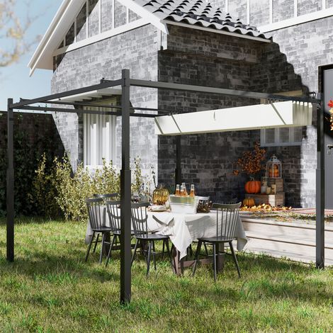 Pérgola/Cenador de 3x3 m con toldo retráctil, 8 tornillos y 8 estacas, poliéster de 180 g y metal, color blanco crema. (1/5)