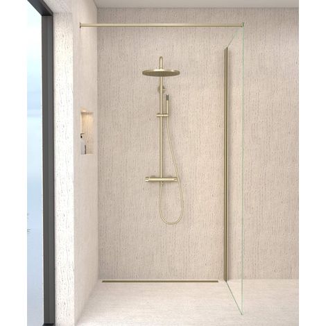Kroos – Colonne de douche thermostatique doré brossé – Pommeau pluie rond avec picots anticalcaires – Support douchette réglable – Confort optimal