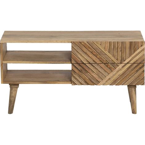 Made In Meubles – Meuble TV en bois de manguier chevrons – Dimensions 47x90x35 cm – Design linéaire et piétement compas – Élégance pour petits espaces (1/5)