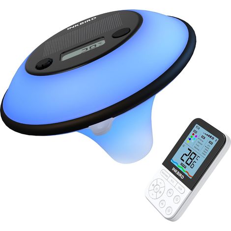 IBS-P05R Thermomètre Piscine Solaire, 7 Couleurs de Lumière Étanche IP68, Connexion Sans Fil, Moniteur Télécommande, Fonction Minuterie, Mode Auto, Spa Bassin Aquarium (1/5)