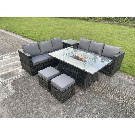 Fimous Rattan Garten Eckmöbel Gas Feuergrube Tisch Sets Gas Heizung Lounge Kleine Fußhocker Dunkelgrau 8-Sitzer (1/4)