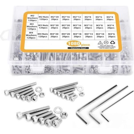 1080 Vis à six pans creux,Acier au carbone,M2 M3 M4,Écrous et rondelles inclus,Pour électronique et meubles (1/4)