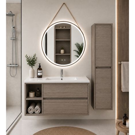 Mueble de baño con lavabo ORIGENBATH ZEUS sin espejo 80x45 cm izquierda roble smoky con columna (1/5)