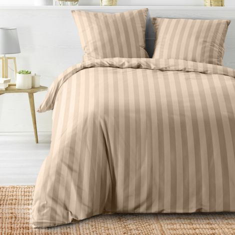Housse de couette 220x240 + 2 taies rayées coloris naturel (1/3)