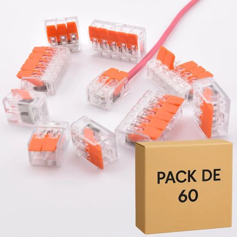 Alternative WAGO 221 – Pack 60 bornes à levier transparentes – 2, 3 et 5 contacts – PCT-412 / 413 / 415 – 32A
