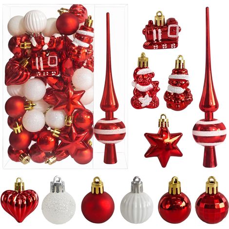 34 Boules de Noël avec Pointe d'arbre Set,Ø3/4.5/5.5cm Petites Boules de Noël en Plastique Rouge Blanc Boules Mini Noël Décoration (1/5)