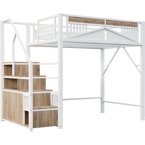 Lit mezzanine en métal 140 x 200 cm, structure de sécurité unique avec fenêtre, échelle de sécurité avec rangement, blanc, ancienne (1/5)