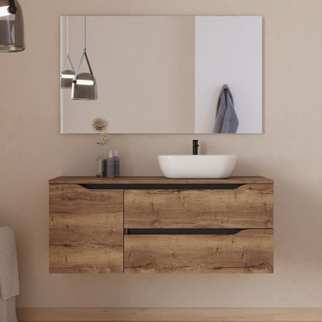 Meuble de salle de bain 120cm avec plateau, vasque à poser déportée à droite Zeus et miroir - 2 tiroirs et un placard - tabaco (bois foncé) - ZARZA