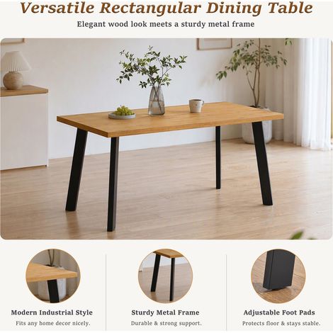 GOEURVANT Mesa de Comedor Efecto Roble Silvestre – Mesa Rectangular de Cocina, Estilo Industrial con Patas Metálicas Negras y Protectores de Suelo (1/4)