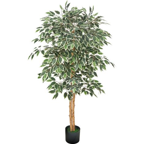Ficus artificiel 150cm avec pot noir, tronc en bois naturel et feuilles vertes réalistes, arbre en soie pour intérieur, salon, bureau ou coin déco. (1/5)