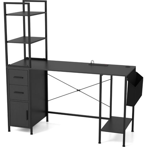 Bureau moderne 145 x 50 x 147,5 cm avec éclairage led personnalisable et station de charge ambiance cosy en bois d'ingénierie noir