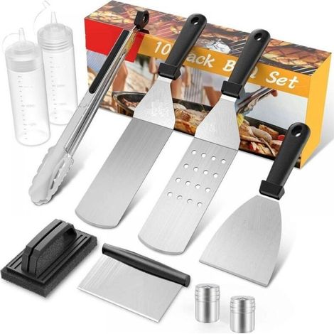 10 Pcs Ustensiles pour Plancha, Spatule pour Barbecue Acier Inoxydable Accessoire Plancha Kit Plancha pour Teppanyaki, Ustensile de barbecue (1/5)